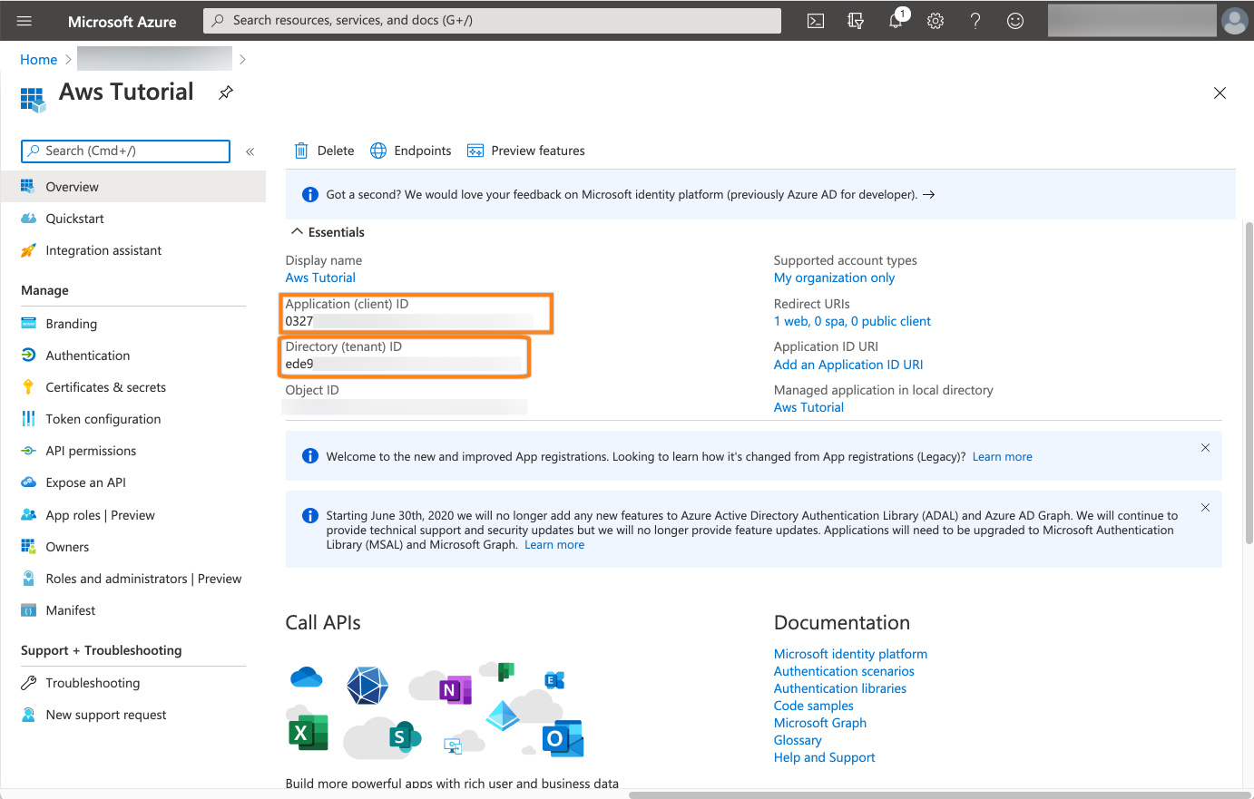 copy the directory tenant id and application client id.