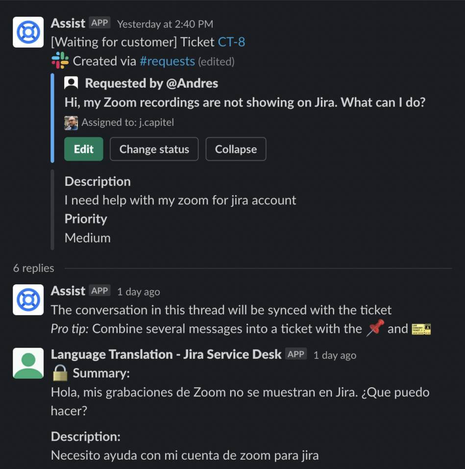 In the example, the project default language is Spanish and the customer language is English.