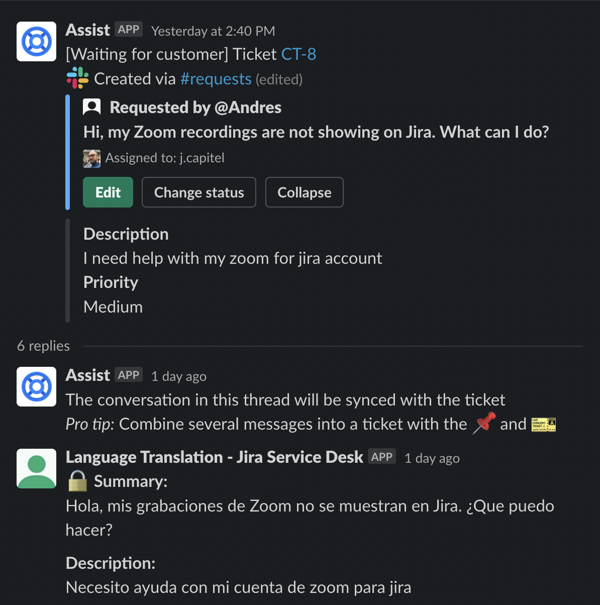 In the example, the project default language is Spanish and the customer language is English.