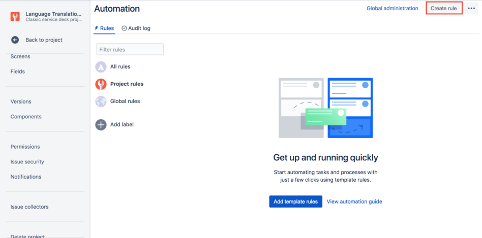 Project Automation screen with the option to Create a rule
