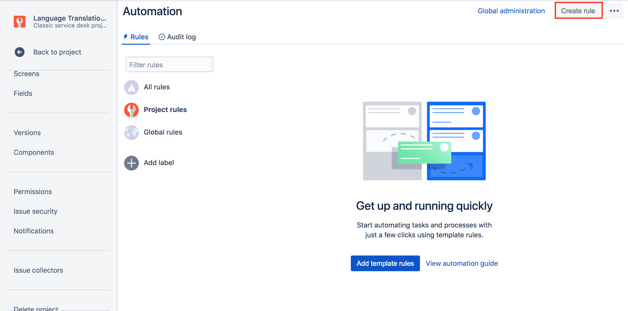 Project Automation screen with the option to Create a rule