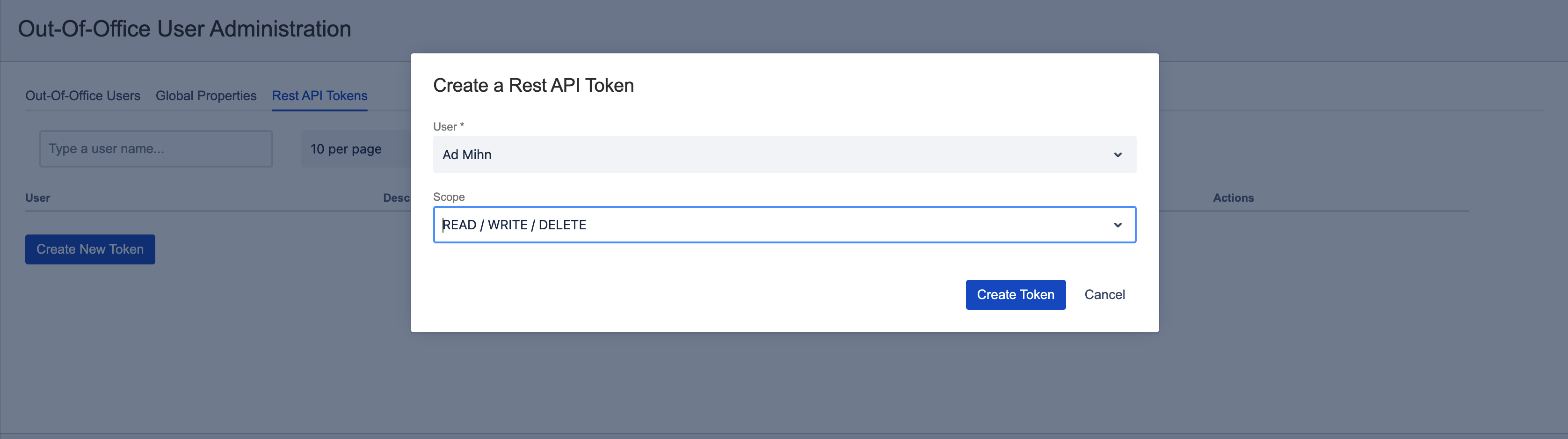 Token creation window