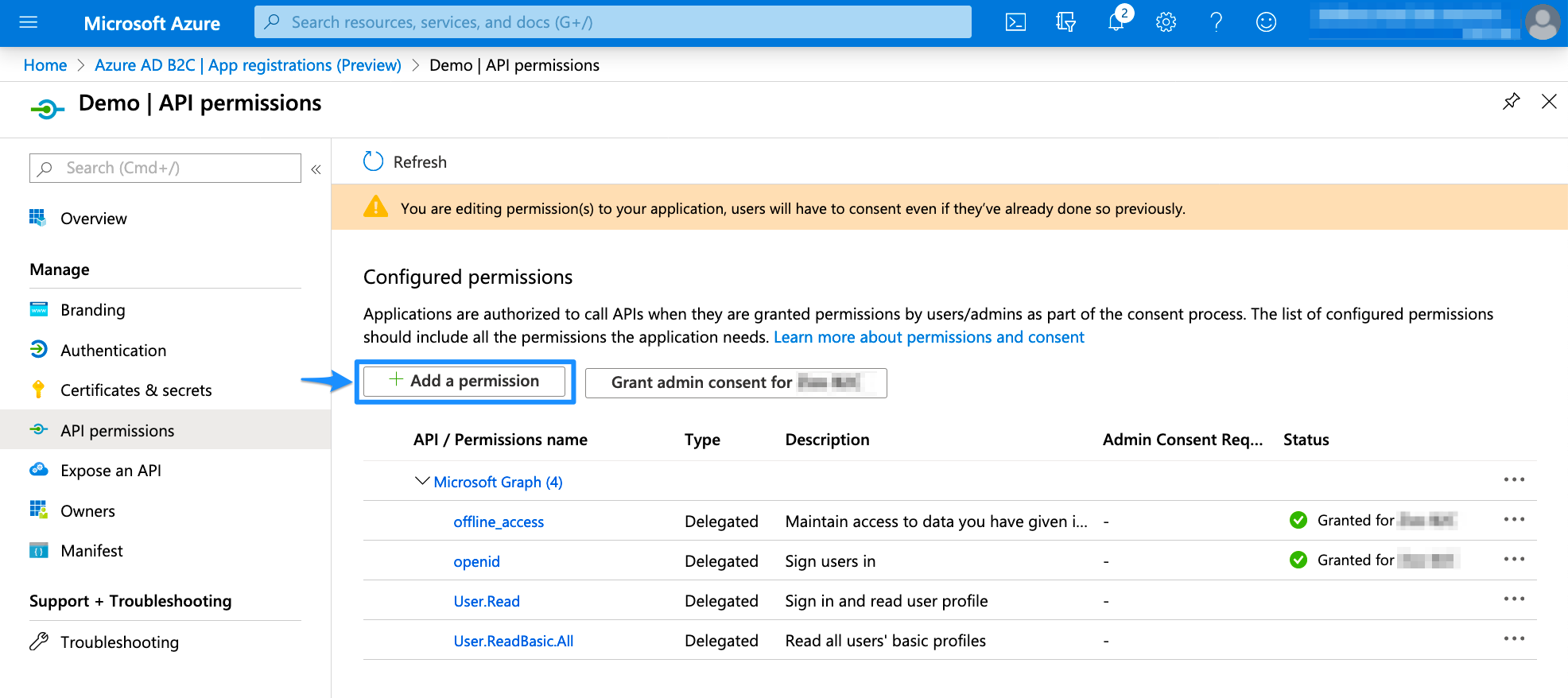 Add a permission Azure AD B2C